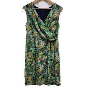 Tiana B Dress 12 Green Pink Floral Faux Wrap V Neck Sleeveless Lined Zipper
